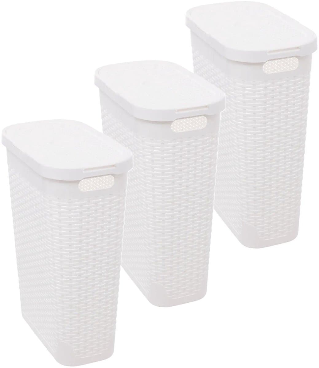 5Five Smalle Wasmand met deksel Rotan - 3x - wit - gevlochten kunststof - 40 liter - 26 x 46 x 60 cm — afbeelding 1