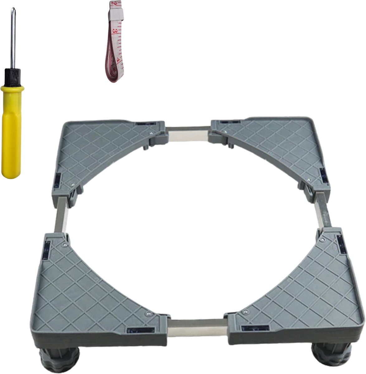 JustValue Wasmachine Verhoger - 150kg Draagkracht - 41-64 x 41-64cm - Hoogte 9-12cm - Ingebouwde Waterpas - Incl. Schroevendraaier, Schroeven en Meetlint - Universeel - Verstelbaar - Opbouwsokkel - Droger - Koelkast - Witgoed - Grijs — afbeelding 1