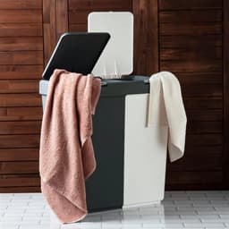 Wasmand - 2 Vakken met Deksel - Met Touch Deksel - Gemaakt van 100% gerecycled kunststof - 80 L - wasmand met deksel - Wassorteerder - Grijs - Wit — thumbnail 2