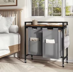 Varnox Wasmand kastje - Wasmandkastje - Tafel met wasmand - Wasmand met 2 vakken - Wassorteerder - Wasmand tafel - Waszak - Badkamerkast - Wasmand meubel - Wasmand rek - Dark oak - Op wielen - Zwart metaal — thumbnail 3