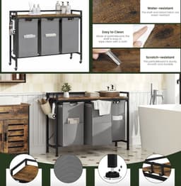 Varnox Wasmand kastje - Wasmandkastje - Tafel met wasmand - Wasmand met 3 vakken - Wassorteerder - Wasmand tafel - Badkamerkast - Wasmand meubel - Waszak - Wasmand rek - Dark oak - Op wielen - Zwart metaal — thumbnail 2