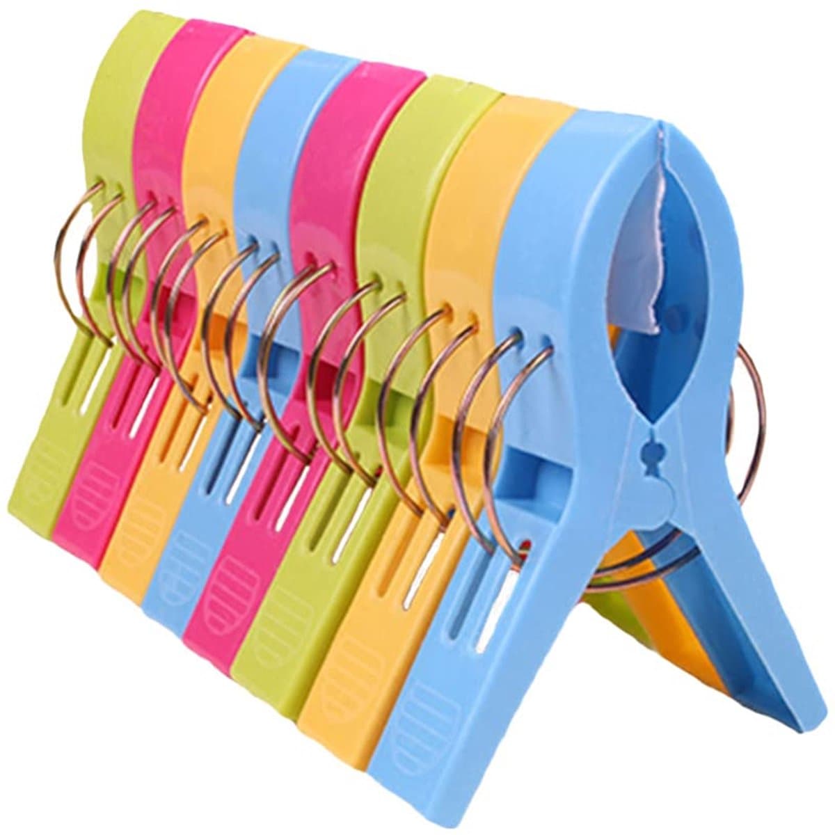 8 stuks wasknijpers, winddichte bevestigingsclips van kunststof, strandlakenklemmen, grote traceless kunststofklemmen, antislip bevestigingsvellen en quiltklemmen, geschikt voor quilts/strandlakens(blauw/rood/geel/groen) — afbeelding 1