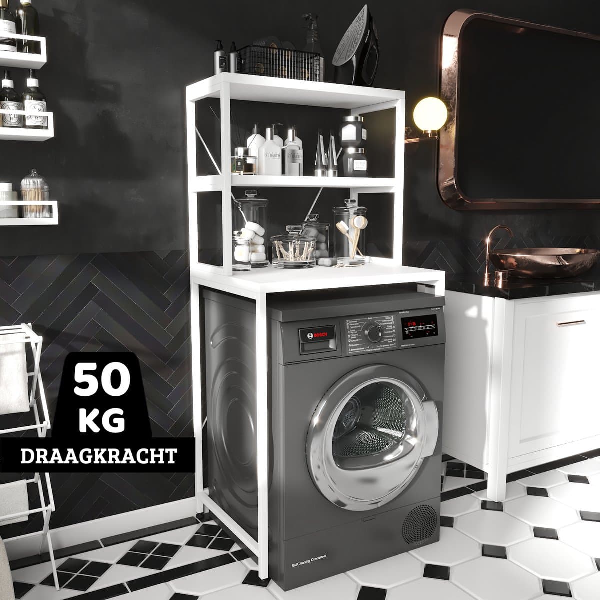 AirSleeperz® wasmachine kast - Droger Ombouw Meubel - Wit Metaal - 3 etages - 50x68x155 cm — afbeelding 1
