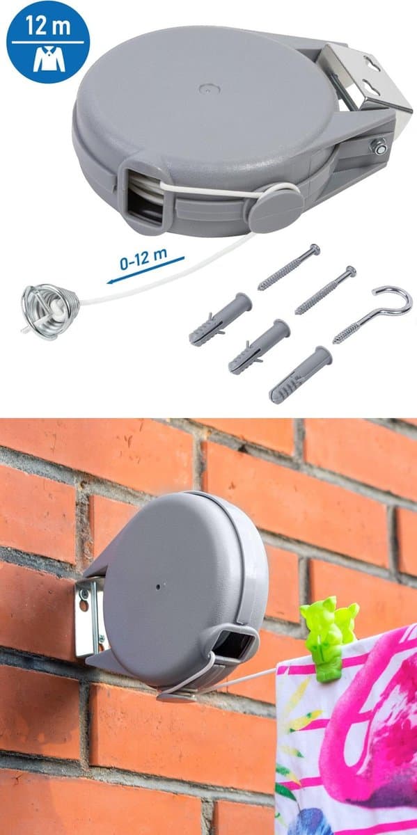 Uittrekbaar Muur Waslijn - Oprolbare Waslijndraad Box - Automatische Uittrekbare Wand Drooglijn - Buiten - 12 Meter - Artmoon — afbeelding 1