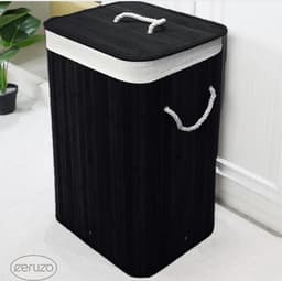 Ceruzo Bamboe Wasmand met Deksel - 72L - Bamboe - Binnenzak Wasbaar - Wassorteerder - Handvaten- Zwart — thumbnail 2