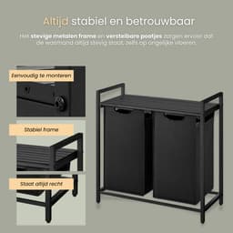 O'DADDY® Wasmand 2 vakken – uitschuifbare wassorteerder met plank - 73 x 33 x 72 cm – metaal - dark grey — thumbnail 4