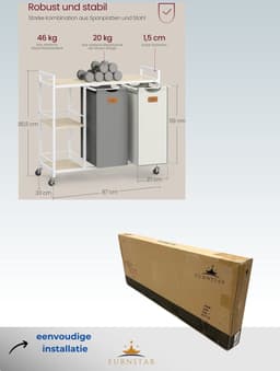FurnStar - Wasmand 2 vakken - wasverzamelaar 100 l - wassorteerder - rollen - waswagen met planken - waszak - met afneembare vakken - 6 etiketten - kastanjebruin-inktzwart-87 x 33 x 80,5 cm - natuurbeige + duifgrijs + crèmewit — thumbnail 2