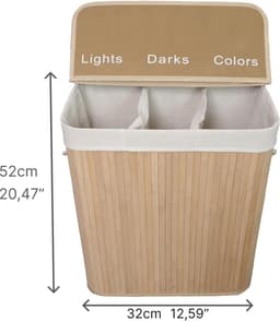 ENGLISH HOME 100L opvouwbare 3-compartimenten wasmand met deksel, wasmand met uitneembare voering, opberg organizer, wasmanden voor wasgoed badkamer, bamboe 52x32x60 cm Bruin — thumbnail 2