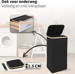 Smalle Wasmand met Deksel en Waszak - 60L - Smal - Wasmand - Opvouwbaar - Opbergmand - Linnen - Zwart — thumbnail 4