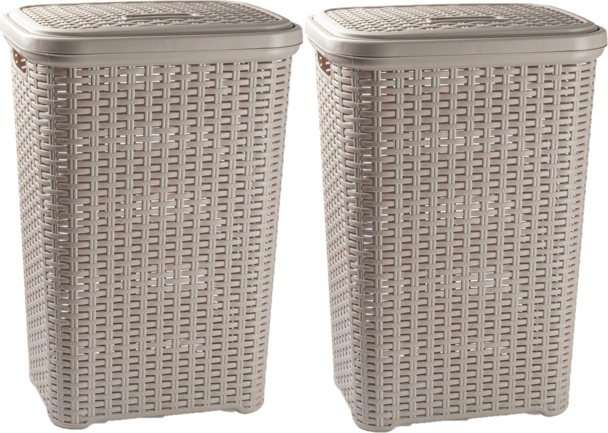 Plasticforte Wasmand met deksel - 2x stuks - 60 liter - taupe - rotan - kunststof - L35 x B43 x H62 cm — afbeelding 1