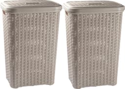 Plasticforte Wasmand met deksel - 2x stuks - 60 liter - taupe - rotan - kunststof - L35 x B43 x H62 cm — thumbnail 1