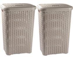 Plasticforte Wasmand met deksel - 2x stuks - 60 liter - taupe - rotan - kunststof - L35 x B43 x H62 cm