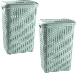 PlasticForte Wasmand met deksel - 60 liter - lichtgroen - rotan - kunststof - L35 x B43 x H62 cm — thumbnail 2