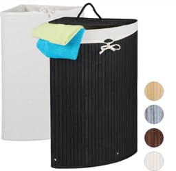 wasmand bamboe - 60 l - opvouwbaar - met deksel en 2 stoffen waszakken - 66 x 49,5 x 37 cm - natuur — thumbnail 4