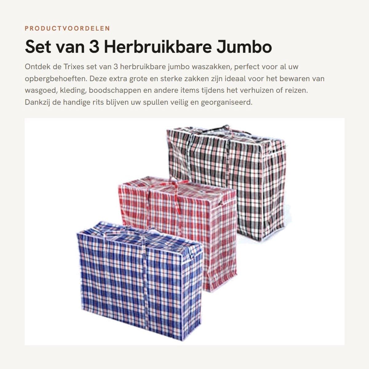 Dailygoods- Waszakken Jumbo - 3 Stuks - Sterk en Duurzaam - Opbergtas voor Kleding - Met Rits - Ideaal voor Verhuizen - Afmetingen 79x20x58,5 cm - Opbergzakken — afbeelding 1