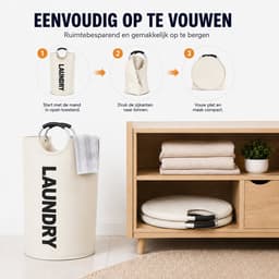 BOTC Wasmand - Waszak - Laundry basket - Wassorteerder - 38x63 cm - waszak vouwbaar - draagbaar wasbox - Gebroken wit — thumbnail 2