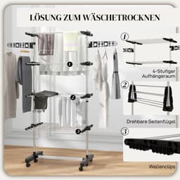 MIVRAY Droogtoren – 5 Niveaus Klapbaar En Verrijdbaar – 142 x 55 x 172 cm – Roestvrij Staal – Zwart En Zilver – Voor Binnen — thumbnail 3