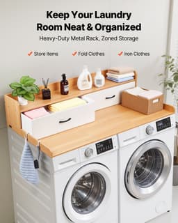 VEVOR Wasmachine en Droger Werkblad met Plank, 137x69,9 cm Houten Wassermachine en Droger Boven, met 2 Laden en 2 Haakjes, Wasmachine Boven voor Waskast, Kroketkast en Werkblad Organisatie & Opslag, Burlywood — thumbnail 4