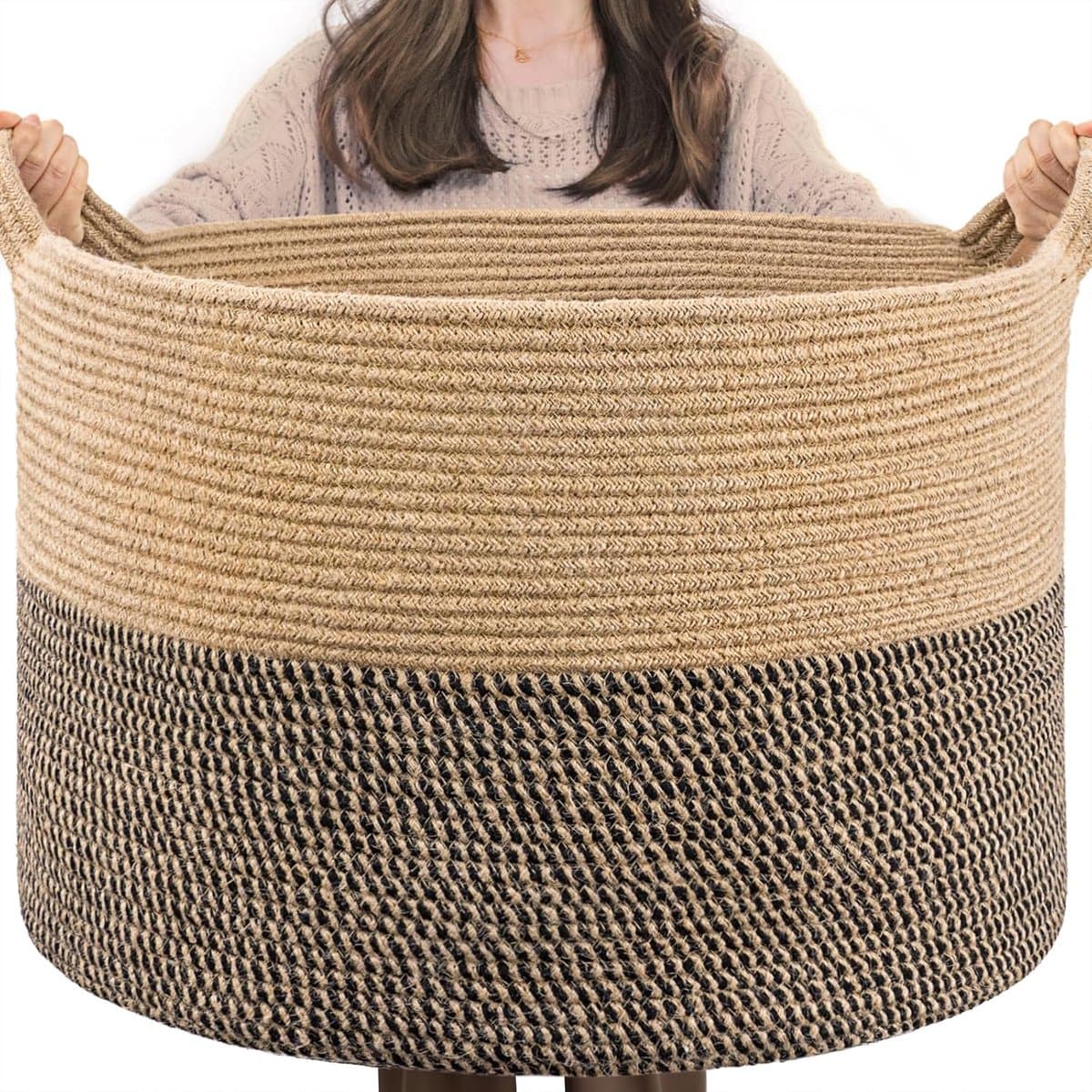 Extra grote geweven mand, 50 x 30 cm rieten dekenmand woonkamer hondenspeelgoedbak, wasmand voor vuile kleding, schoenmand voor entree, 90 l zwart en jute — afbeelding 1