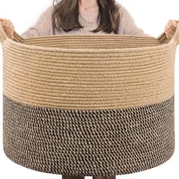 Extra grote geweven mand, 50 x 30 cm rieten dekenmand woonkamer hondenspeelgoedbak, wasmand voor vuile kleding, schoenmand voor entree, 90 l zwart en jute — thumbnail 1