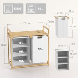 COVREO Wassorteerder 70x36x70 cm wit, bamboe met 4 vakken en plank — thumbnail 2