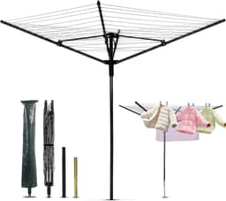 Droogmolen met hoes - Wasrek buiten - Was drogen - 50 meter waslijn - 180 cm hoog - Zilver — thumbnail 1