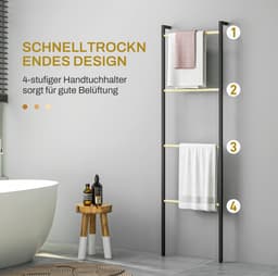 MEUNIQ handdoekladder droogrek 49 x 5,5 x 167,5 cm met 4 stangen, leunend wanddroogrek voor badkamer, slaapkamer of woonkamer, staal en bamboe, zwart — thumbnail 5
