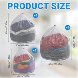 Waszakken met Trekkoord, 3 Maten, Wit | Beschermt fijne was: 3 witte polyester zakken van 30 x 40, 40 x 50 en 50 x 60 cm met trekkoord, voor lingerie en reizen. — thumbnail 3