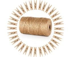 Wasknijpers, hout, 3,5 cm, Absofine, knutselkoord, jute koord, 100 m natuurlijk jute koord, clothespins verpakking, gastgeschenk
