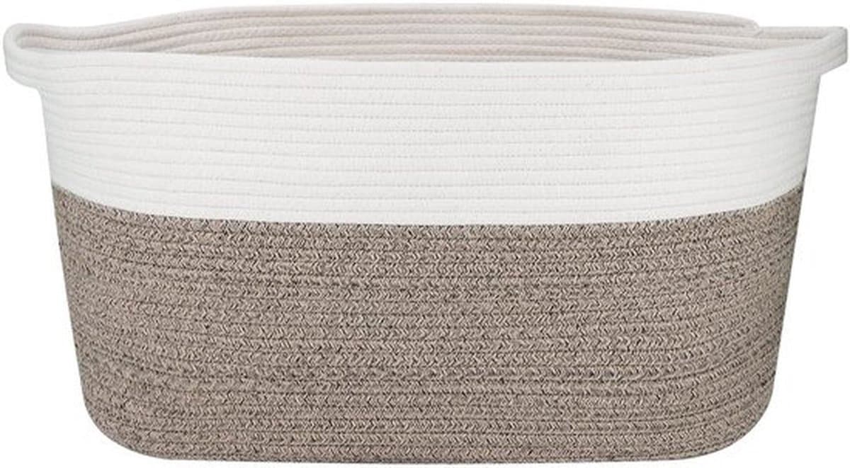 65L extra grote opslag katoenen touw deken mand, duurzame geweven opbergmand voor wasgoed woonkamer slaapkamers, rechthoekige grote mand voor schoenspeelgoed handdoek, wit en kaki, 57 x 38 x 30 cm — afbeelding 1