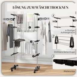 Wastoren met Wielen - Kledingrek Droogrek - Kleding Drogen - Opvouwbare Vleugels - 172 cm Hoog - Zwart — thumbnail 3