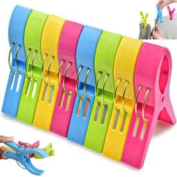 8 stuks - Wasknijpers - Kledingknijpers - Handdoekclips voor op het strand - Winddichte clips - Plastic clips - Sokclips - Kleurrijk - Grote plastic clips - Geschikt voor handdoeken dekens kleding dekbedden lakens tapijten en tafelkleden — thumbnail 1