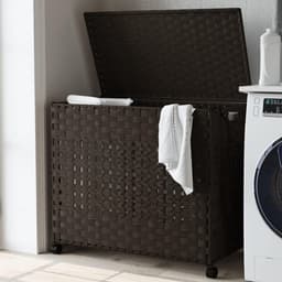 Wasmand met wieltjes - Rotan mand - Was sorteren - Handgeweven 3 vakken - 66x35x60 cm - Donkerbruin — thumbnail 1