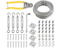 SnelShoppen - 67-delig buitenwaslijn set, 50 m spankabels met 20 ringen, 4 vierkante haken, 4 spanners, roestvrijstalen wasrek voor buiten, ideaal voo