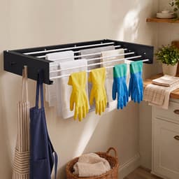 100 cm Wanddroogrek Inklapbaar - Droogrek Inklapbaar - Wasrek Hangend - Uitklapbaar - Muur - Ophangbaar - Incl. 6 Handdoek Haakjes - Draagkracht 30 kg - Zwart — thumbnail 3