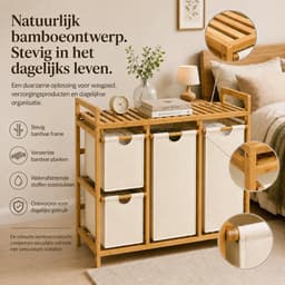 Wasmand en Wassorteerder met 4 Vakken - 150 L - Bamboe Rek met Uittrekbare Waszakken en Legplank - Beige — thumbnail 3