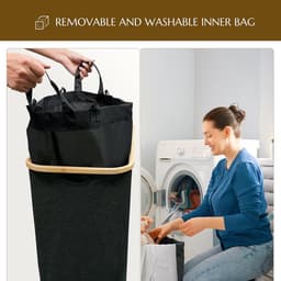 Wasmand met deksel, 140 l, vuile wasmand met 2 afneembare waszakken, vuile wasmand, wasmand & inklapbaar met handgrepen van bamboe, zwart — thumbnail 4