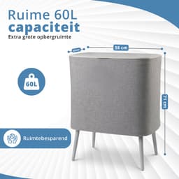 LifeLux Dubbele wasmand op poten - Wasmand met Deksel 60L – 2 Vakken uitneembaar Waszakken – Verhoogde Wasmand – Grijs — thumbnail 2