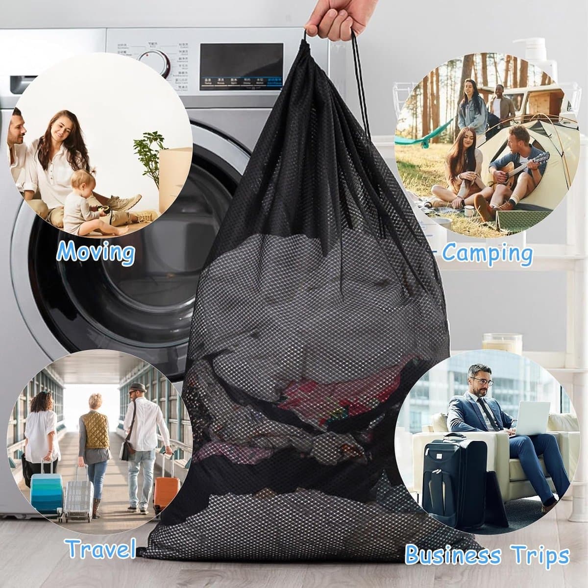 Grote Wasnetzakken - Zwart - Extra Sterk Polyester - Trekkoord Sluiting - Voor Ondergoed en Reiskleding — afbeelding 1