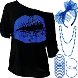 Dames jaren 80 kostuum accessoires set, lippen print T-shirt kant hoofdband oorbel halskettingen armband voor jaren 80 themafeest (koningsblauw, XXL) — thumbnail 1