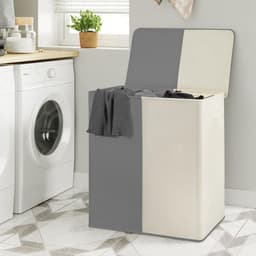154L dubbele wasmand met deksel, grote wasbak en afneembare waszakken, grote inklapbare 2 verdelers wasbak met handgrepen voor slaapkamer wasruimte (beige+grijs) — thumbnail 2