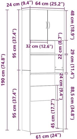 Wasmachinekast voor Badkamer of Wasruimte - Hoog en Smal Opbergmeubel in Eikenlook — thumbnail 2