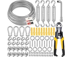SnelShoppen - 45 m Draadkabel Roestvrij Staal 2,5 mm - PVC Staalkabel, Spandraad met Oogjes, Spanslot voor Waslijn, String Light Suspension, Tuin, Fee