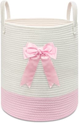 SnelShoppen - Roze Wasmand met Strik, Geweven Touw Speelgoedopbergmand voor Kinderen, Baby Kleding Mand, Kinderkamer en Badkamer Dekens Organizer Deco — thumbnail 3