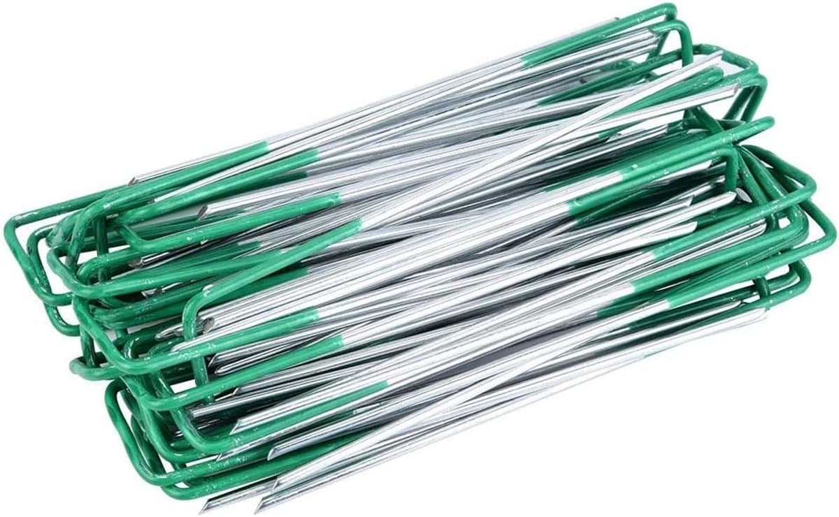 SnelShoppen - 100 Stuks Grondankers 150mm Half Groene Kunstgras U-Pinnen Tuinbevestigingshaken Stalen Grondpennen voor Tuin, Camping en Zonwering — afbeelding 1