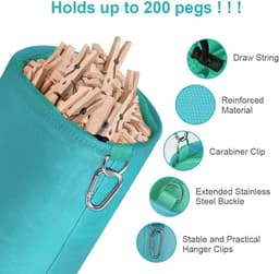 Grote Peg Tas - Waterdicht Polyester - Trekkoordsluiting - Ophanghaak - Voor Wasknijpers — thumbnail 4