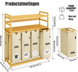 Aura® Wasmand 4 Vakken - Wassorteerder - Waszak - Bamboe Frame - Beige - 104cm x 42cm x 100cm — thumbnail 2