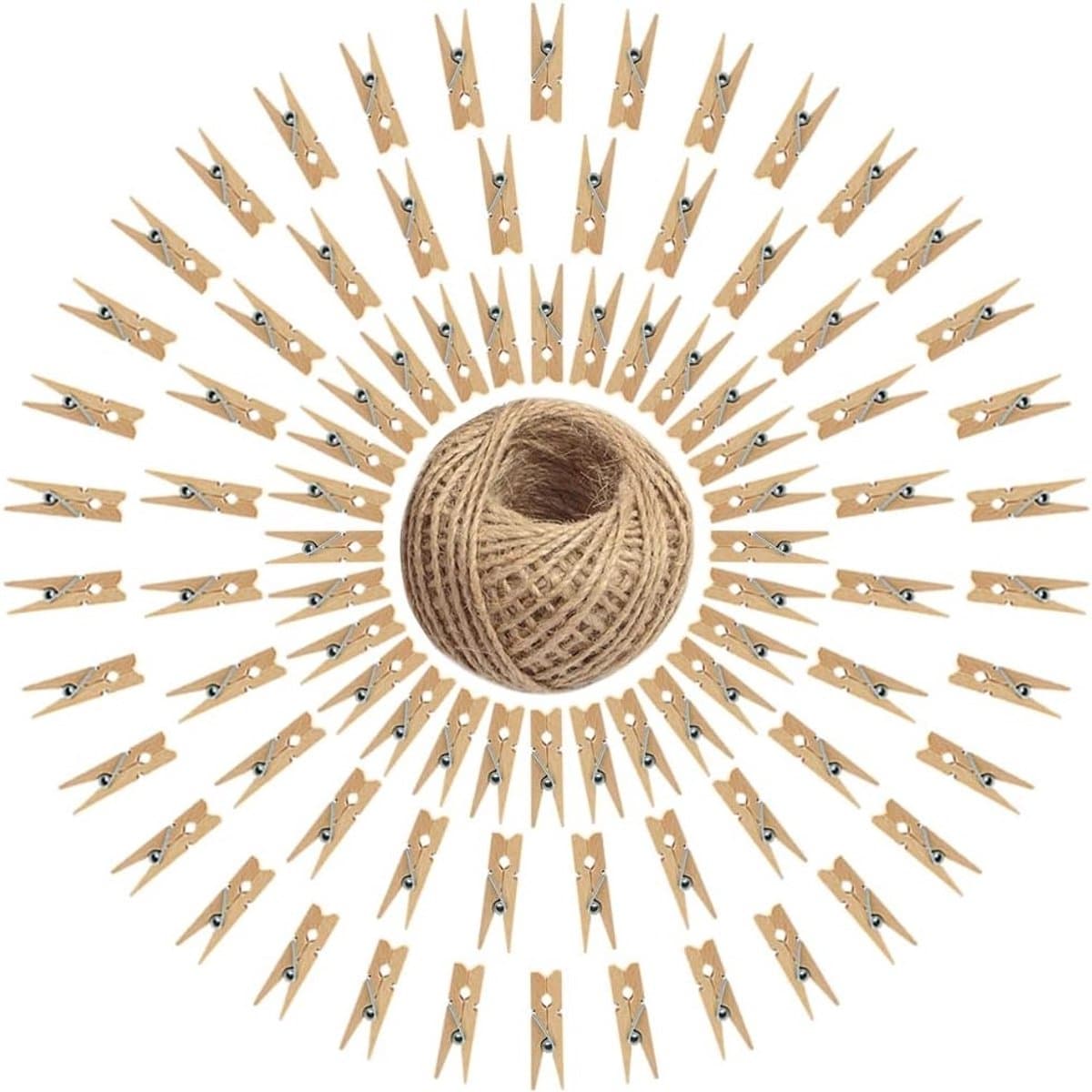 Houten Wasknijpers Set van 100 Stuks met 30 m Jute Touw voor Foto's en Creatieve Projecten — afbeelding 1