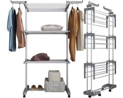 Droogrek met wieltjes, multifunctioneel, 4 etages, wasrek, toren, inklapbaar, staande droger, wasrek, ruimtebesparende vleugels, voor binnen en buiten (licht grijs) — afbeelding 1