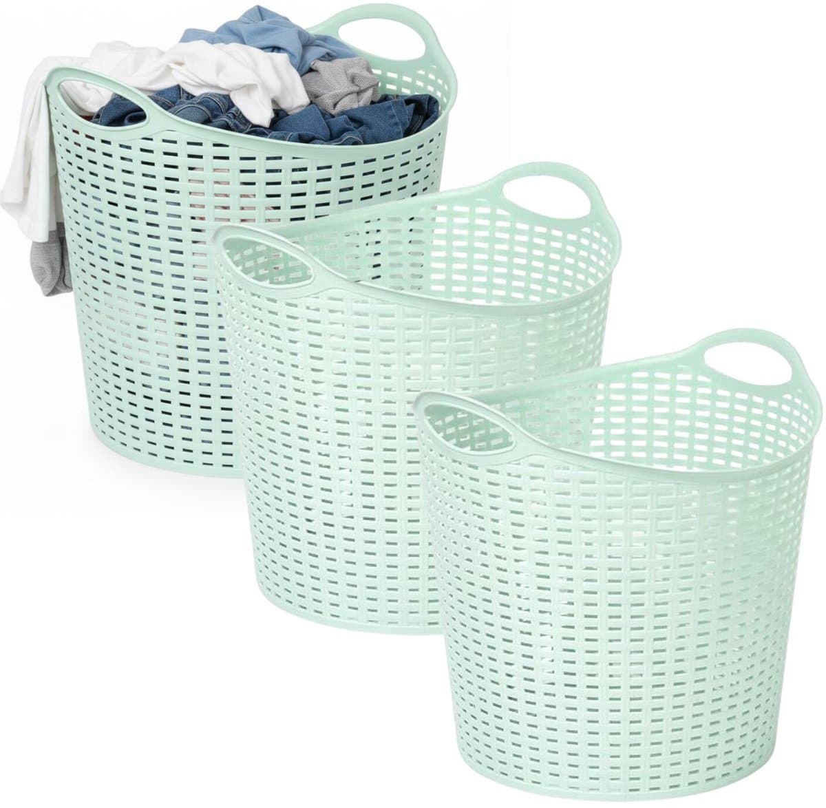 Plasticforte Wasmand opbergmand - 3x - flexibel kunststof - groen - 27 liter - open structuur — afbeelding 1